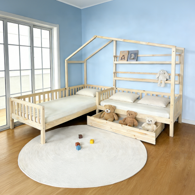 Dětská postel ENOLA 90x200 + 70x140 přírodní – domečková rohová postel pro dvě děti