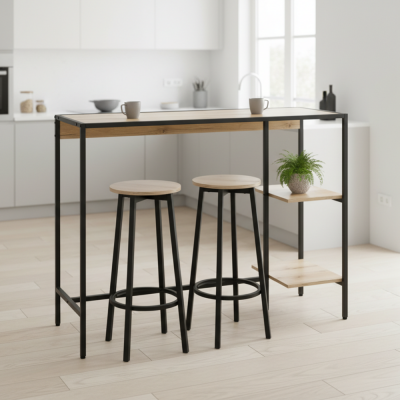 Barový set POHOS dub/černá – stůl se dvěma židlemi a policemi v industriálním stylu