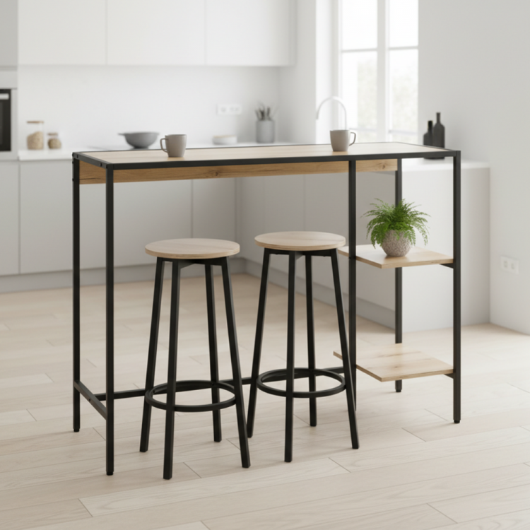 Barový set POHOS dub/černá – stůl se dvěma židlemi a policemi v industriálním stylu