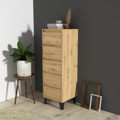 Vysoká úzká komoda BOGAN dub artisan – zásuvková komoda 5 šuplíků, moderní design