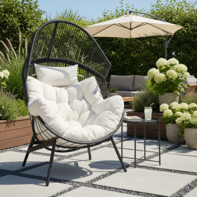 Zahradní křeslo NEO černé/bílé – ratanové křeslo s polštáři, nosnost 150 kg