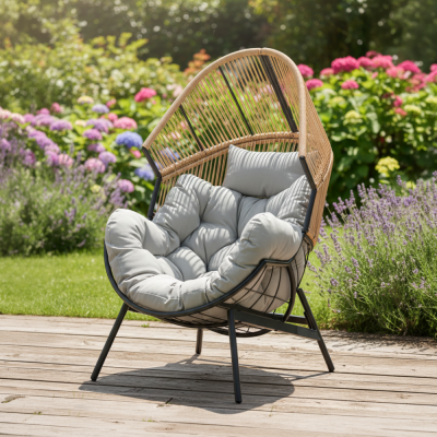 Zahradní křeslo NEO hnědá/šedá – ratanové křeslo s polštáři, nosnost 150 kg