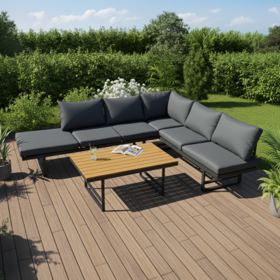 Zahradní set ILARIA černý/tmavě šedý/přírodní – modulární rohová sestava s polohováním a výškově nastavitelným stolem