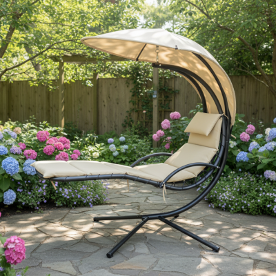 Zahradní houpací křeslo SPAVIN béžové/černé – závěsné křeslo se stříškou a polštáři, nosnost 150 kg