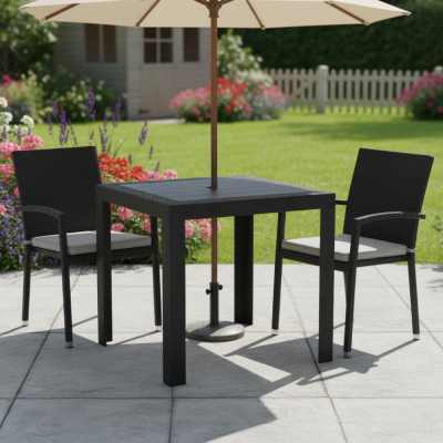 Zahradní stůl KINGY 79x79 antracit – plastový stůl pro 4 osoby s otvorem na slunečník