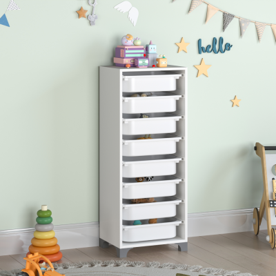 Regál s úložnými boxy LUNOR bílý – organizér s 8 plastovými boxy do dětského pokoje i kanceláře