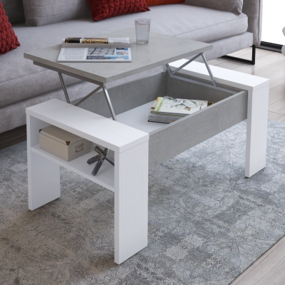 Konferenční stolek PULA bílý/beton – výškově nastavitelný s úložným prostorem a policí