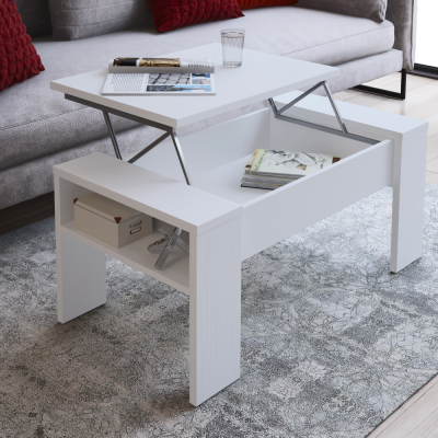 Konferenční stolek PULA bílý – výškově nastavitelný s úložným prostorem a policí