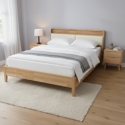 Postel KIMIA 180x200 přírodní – masivní dřevo s čalouněným čelem a policí