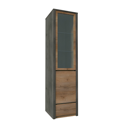 Vitrína MONTANA W1D dub lefkas tmavý / šedý – úzká prosklená vitrína