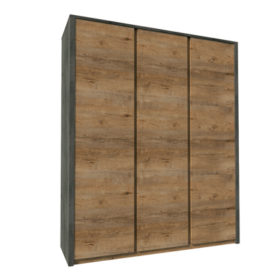 Skříň MONTANA S3D dub lefkas tmavý / šedý – třídveřová šatní skříň