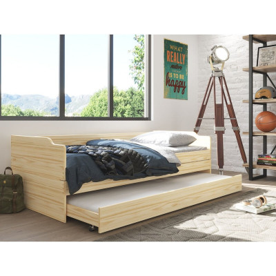 Rozkládací postel FLOPY 90x200 s přistýlkou a rošty. Masiv borovice lak