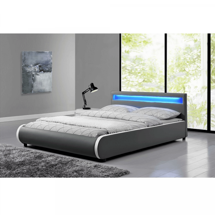Manželská postel DULCEA 180x200 s RGB LED osvětlením a lamelovým roštem. Ekokůže šedá