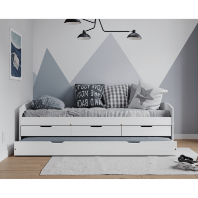 Postel MARINELLA 90x200 s přistýlkou, úložným prostorem a rošty. Bílá masiv