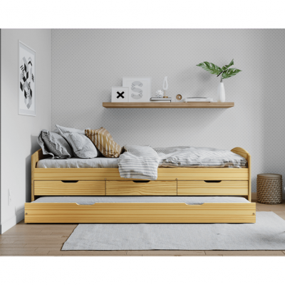 Postel MARINELLA 90x200 s přistýlkou, úložným prostorem a rošty. Masiv borovice lak