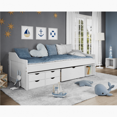 Postel MAXI 90x200 s úložným prostorem včetně roštu. Masiv borovice bílá