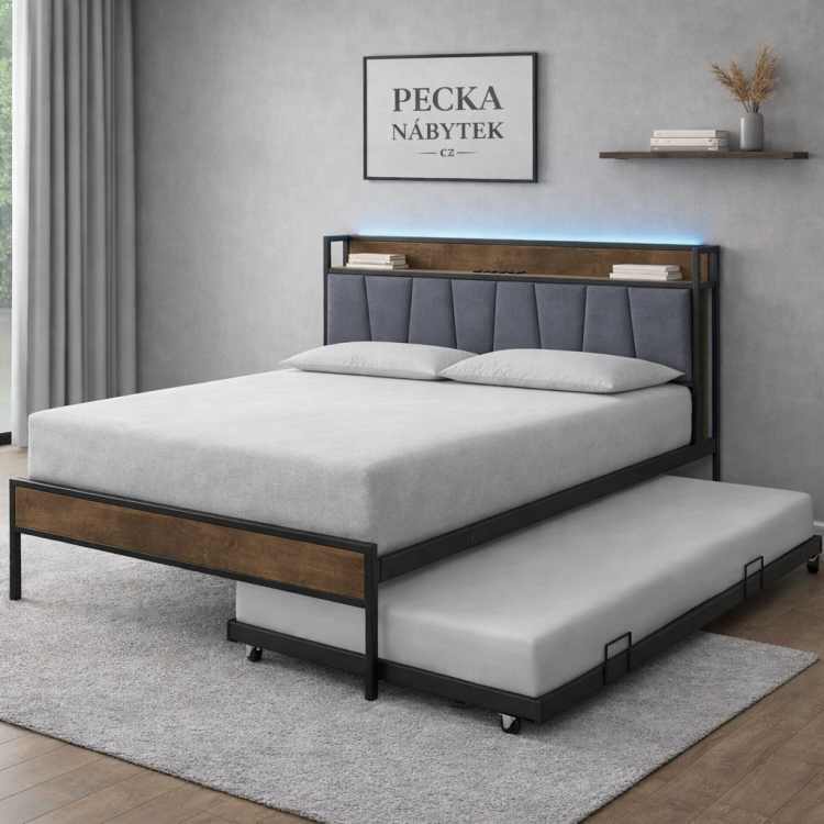 Postel NORDO 160x200 černá/šedá s přistýlkou, LED a USB – multifunkční postel s policí