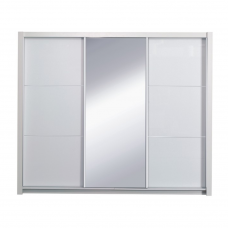 Zrcadlová šatní skříň ASIENA s posuvnými dveřmi a policemi. Bílá/vysoký lesk