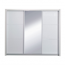 Široká zrcadlová šatní skříň ASIENA s posuvnými dveřmi, policemi a LED. Bílá/vysoký bílý lesk